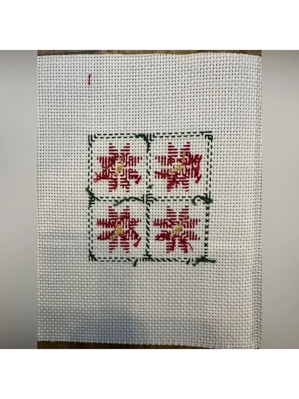 Poinsettias in a windowframe design Completed Vtg Crosstitch needlework panel